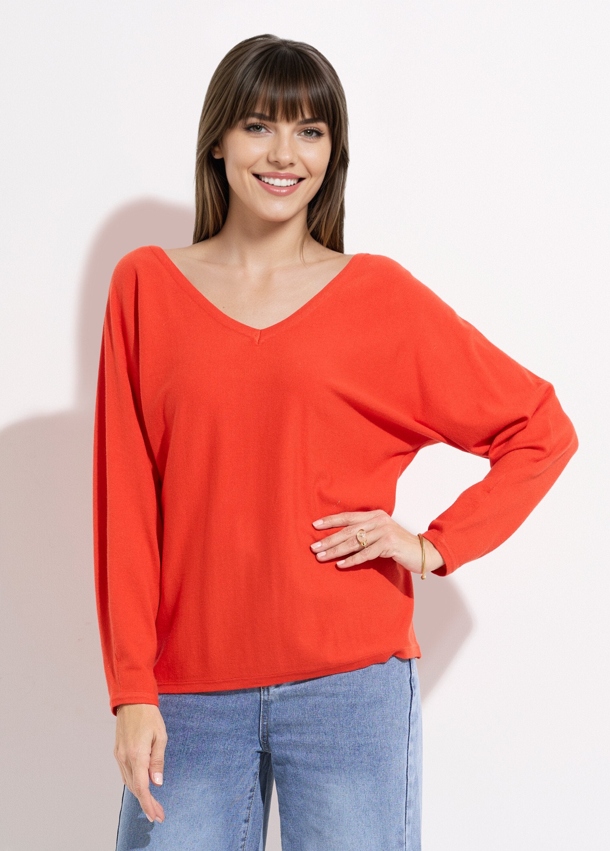 Pull_col_V_maille_fine_éco-responsable_Rouge_FA1_slim