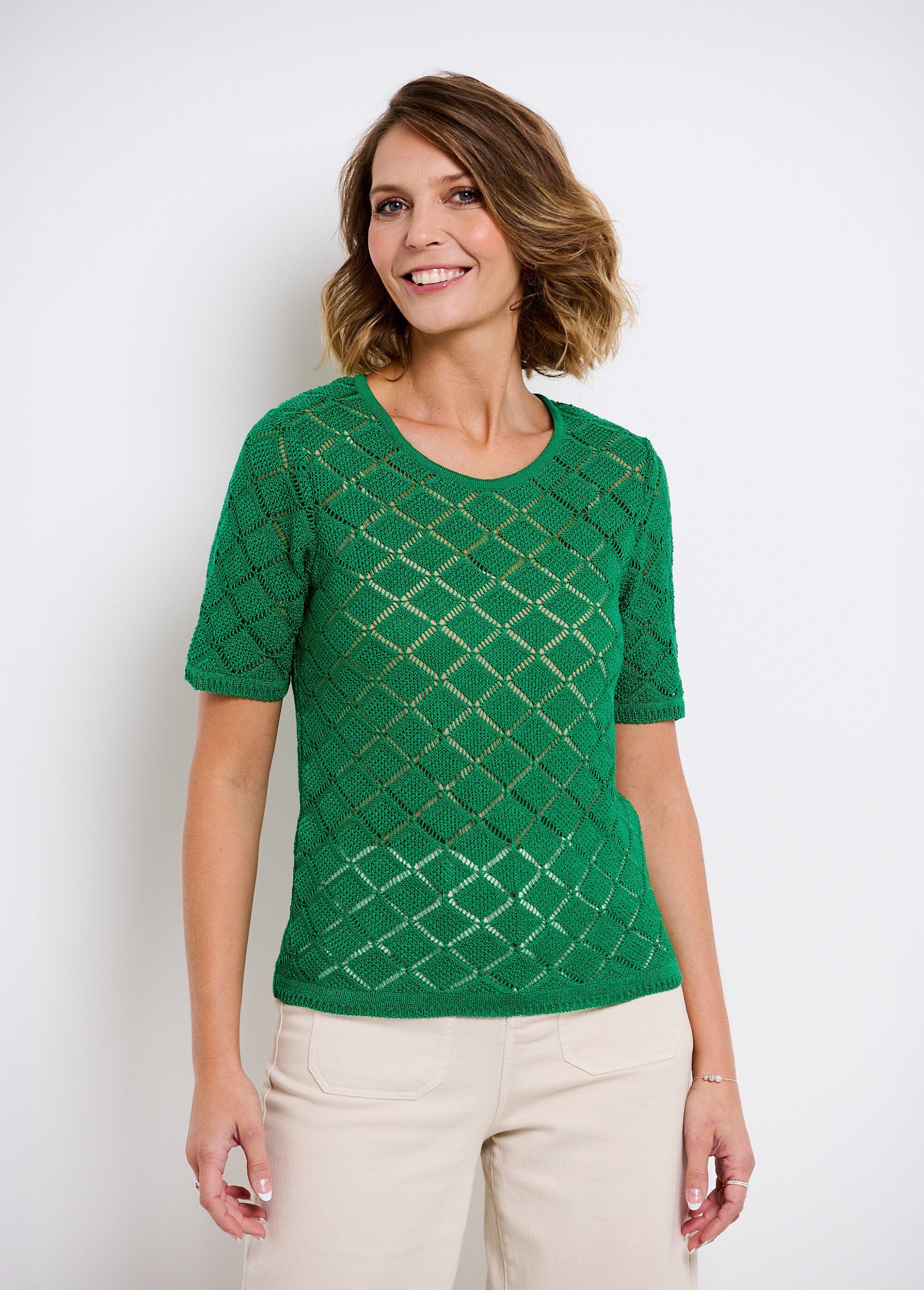 Thin,_short,_openwork,_short-sleeved_sweater_Green_FA1_slim