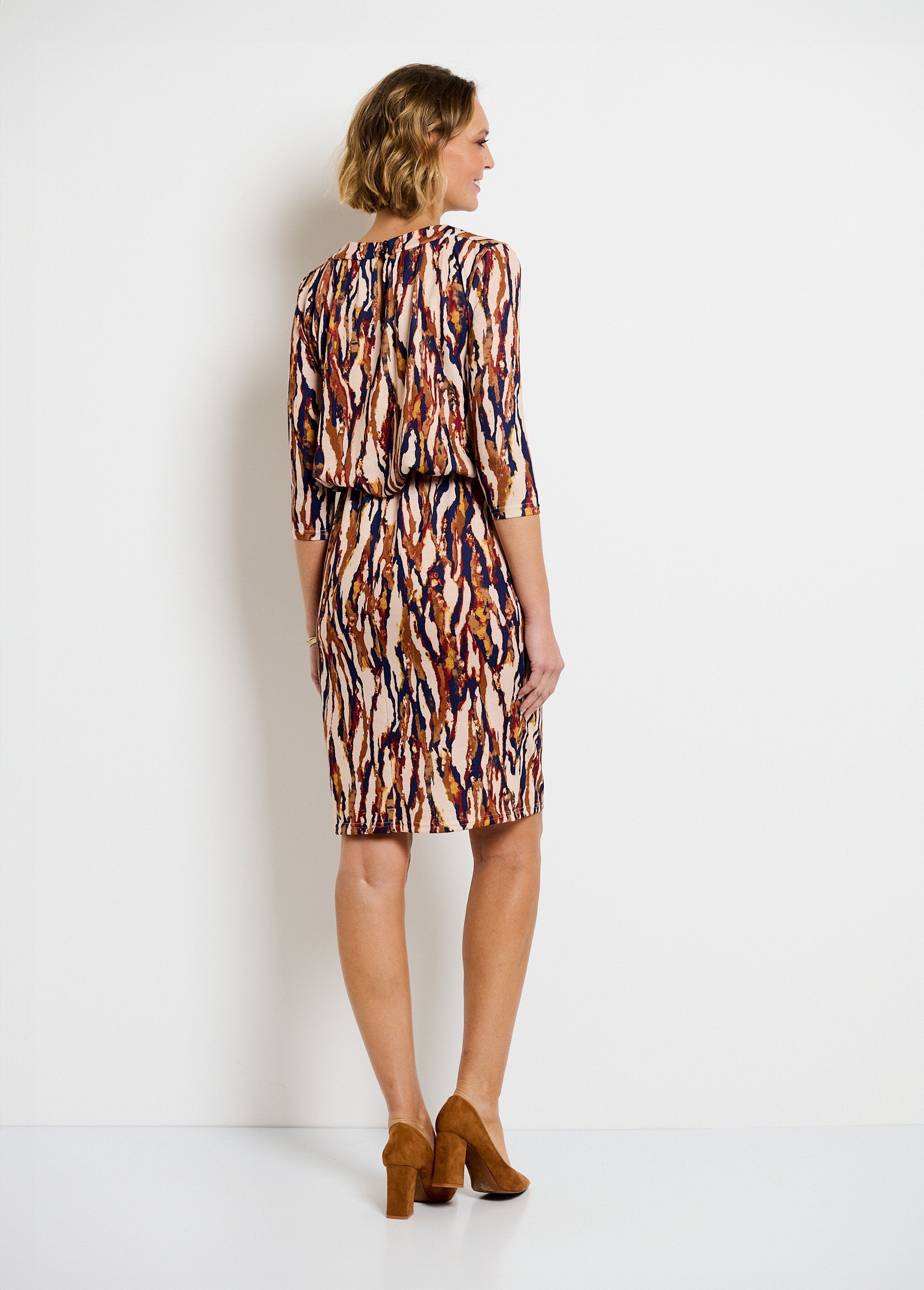 Mesh_dress_with_blouson_waist_and_buttons_on_the_back_Brown_and_beige_DO1_slim