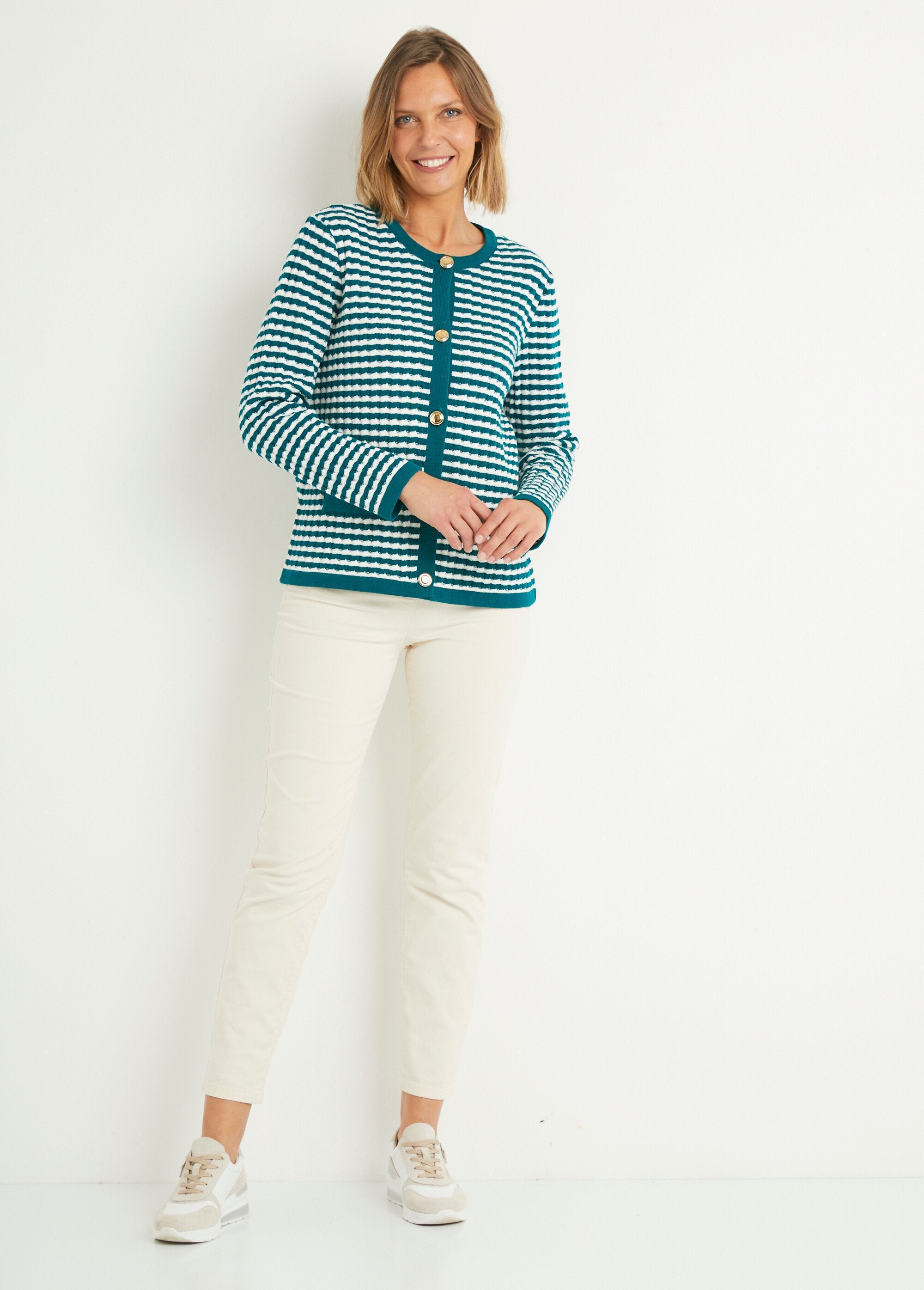 Striped_button-down_cardigan_with_round_collar_and_gold_buttons_Duck_and_ecru_SF1_slim