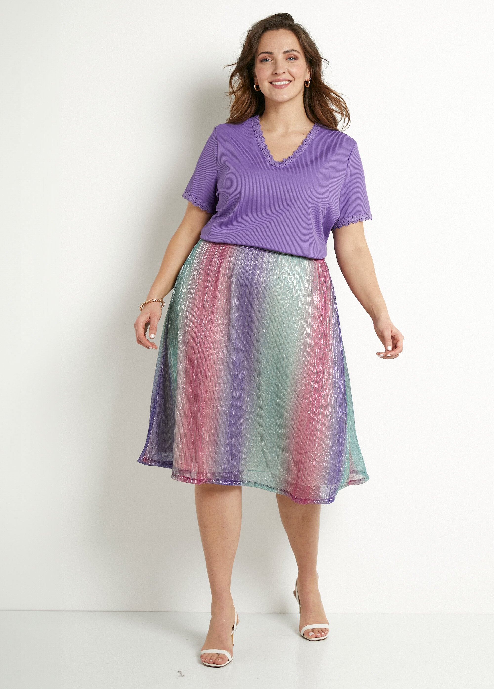 Mid-length_flared_skirt_with_shiny_elasticated_waist_Pink_and_aqua_SF1_curvy