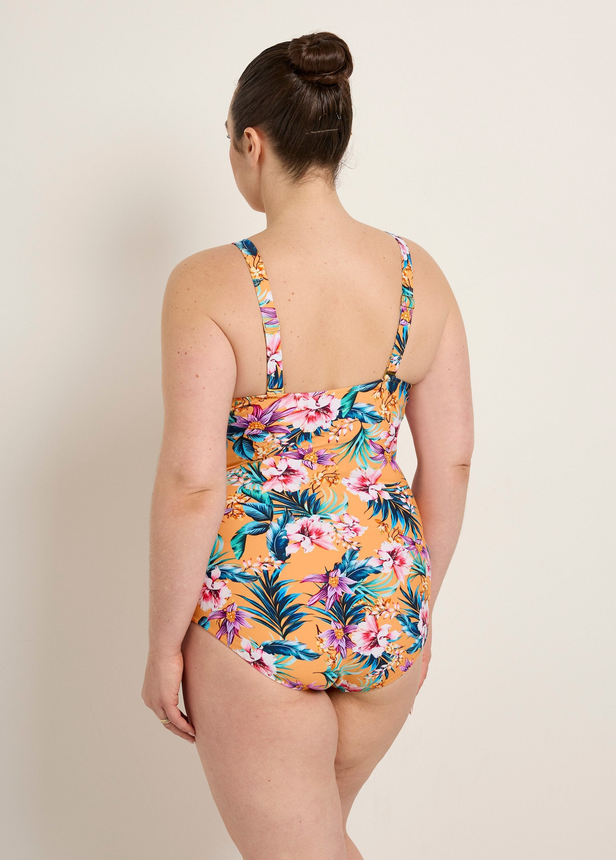 Exotic_1-piece_draped_swimsuit_Orange_prints_DO1_curvy