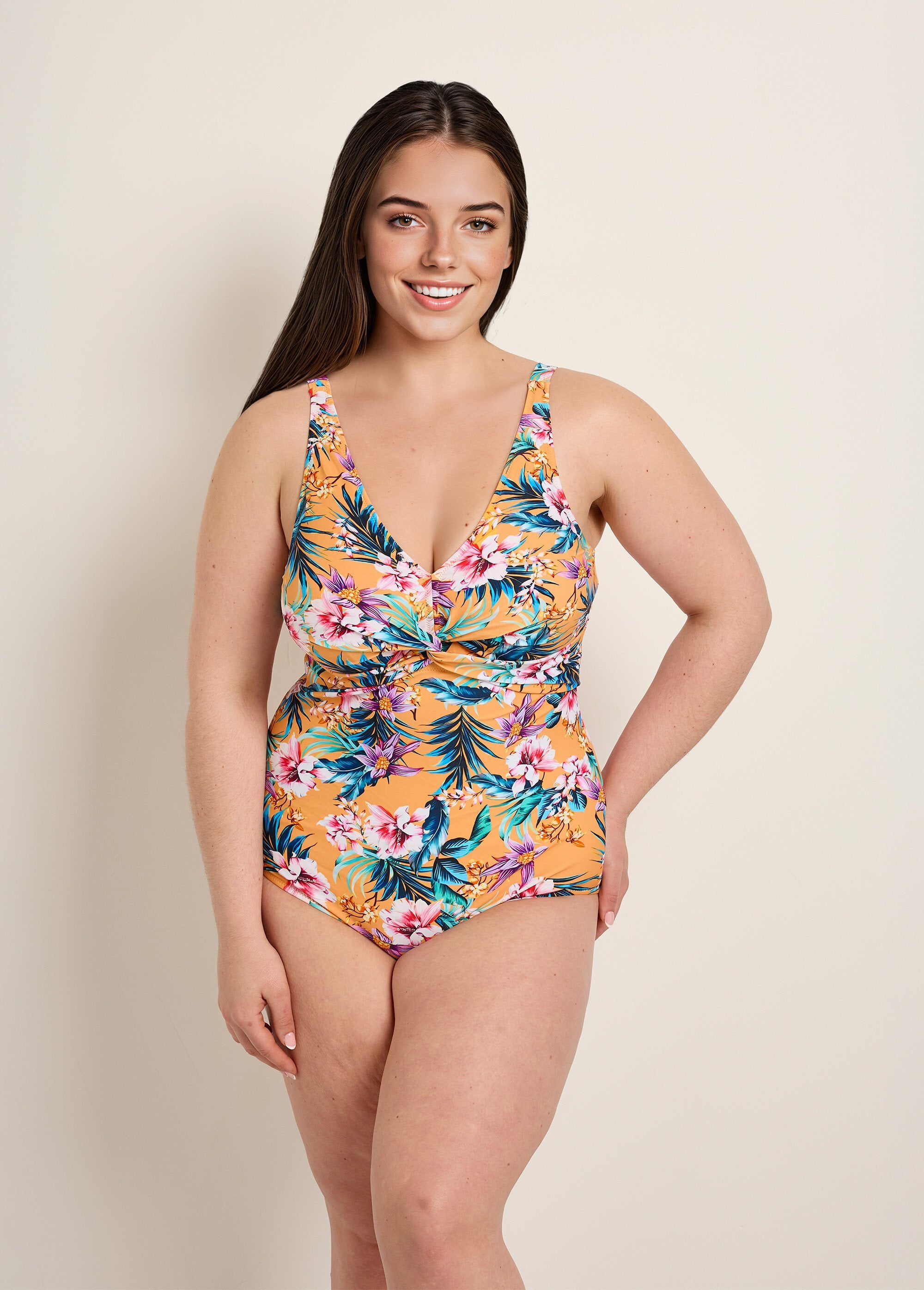 Exotic_1-piece_draped_swimsuit_Orange_prints_FA1_curvy