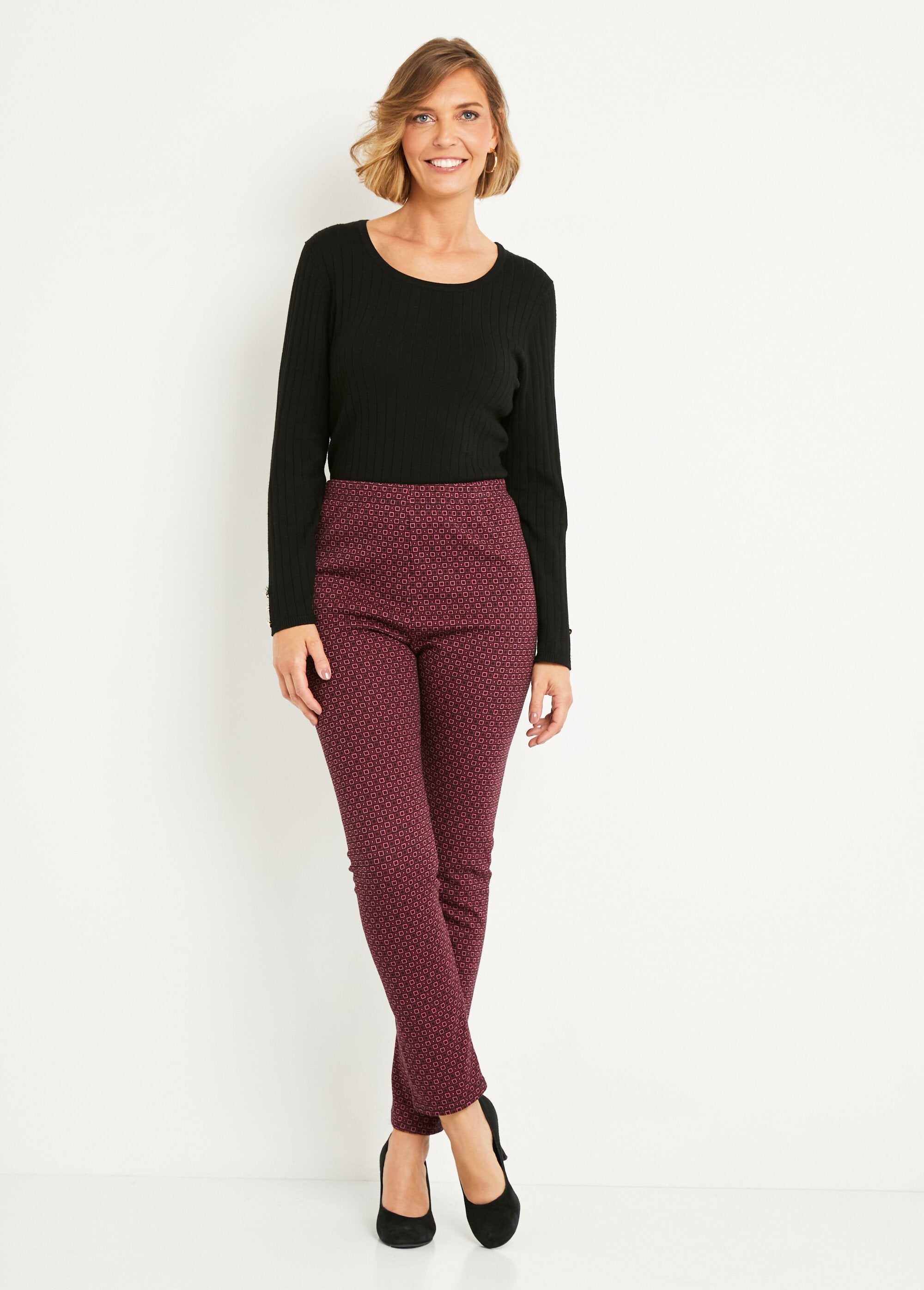 Straight_tapered_pants_with_elasticated_waist_in_jacquard_Pink_and_black_SF1_slim