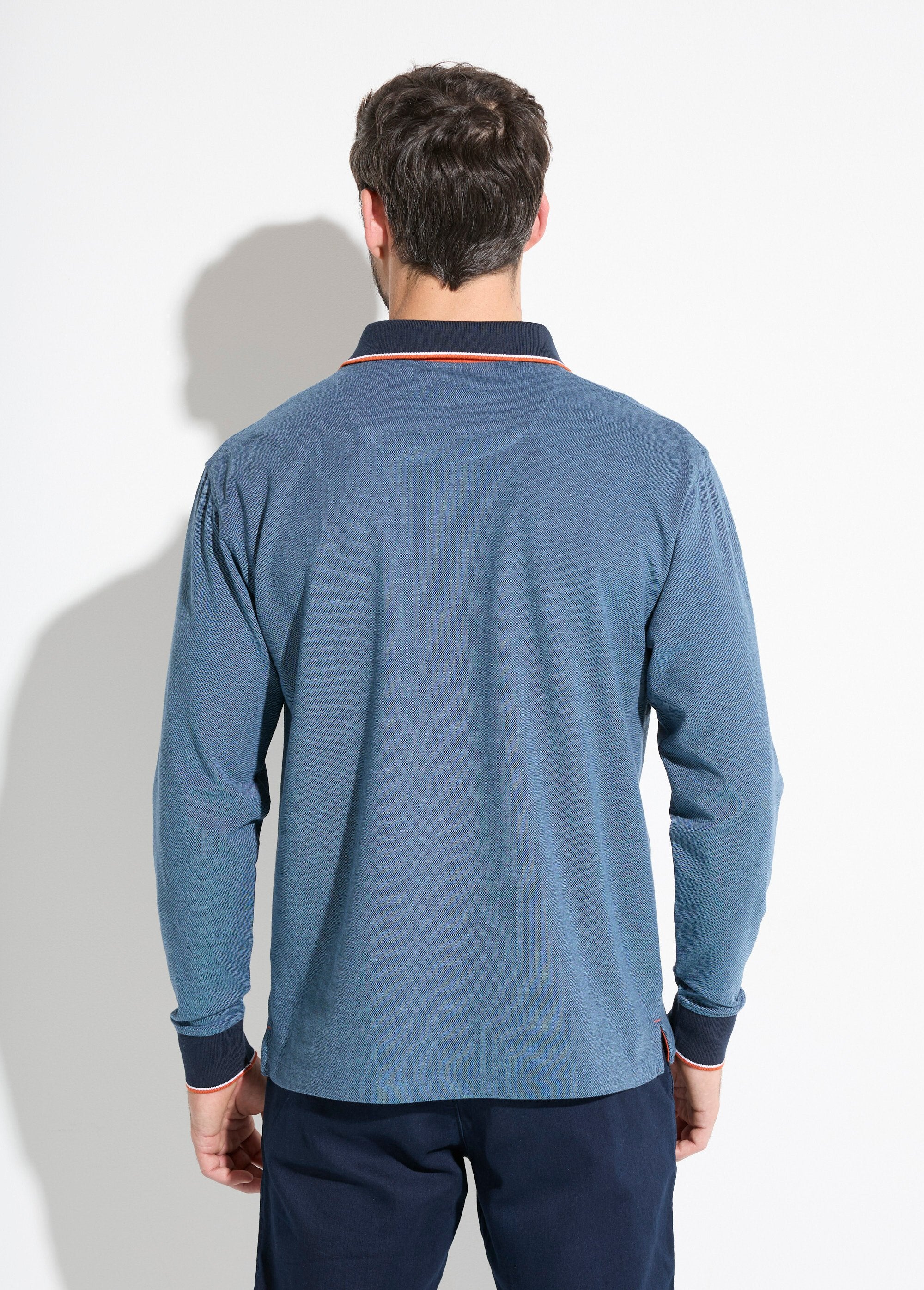Polo_maille_piquée_manches_longues_coton_Bleu_DO1_slim