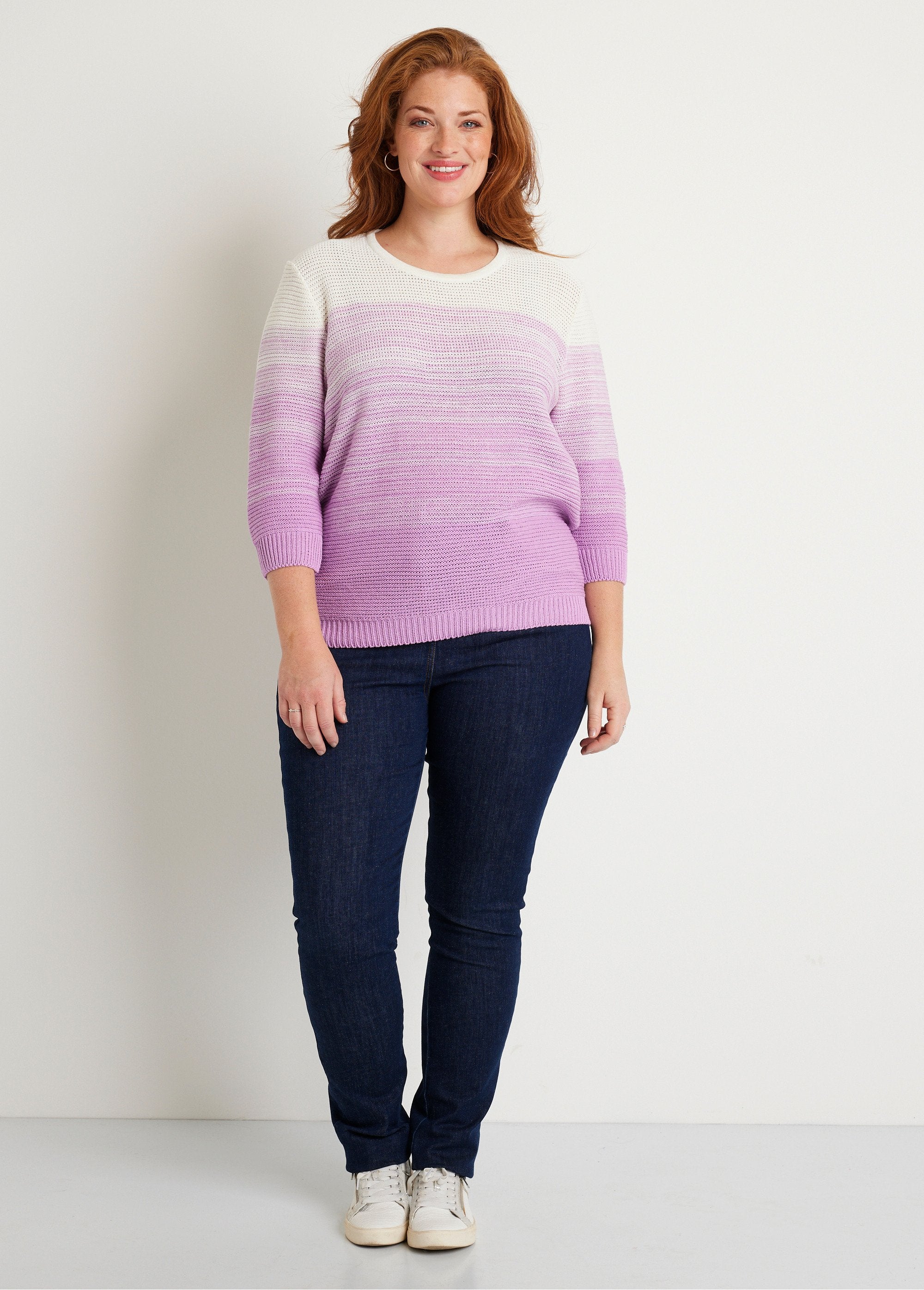 Soft_3/4_sleeve_cotton_sweater_White_and_purple_SF1_curvy