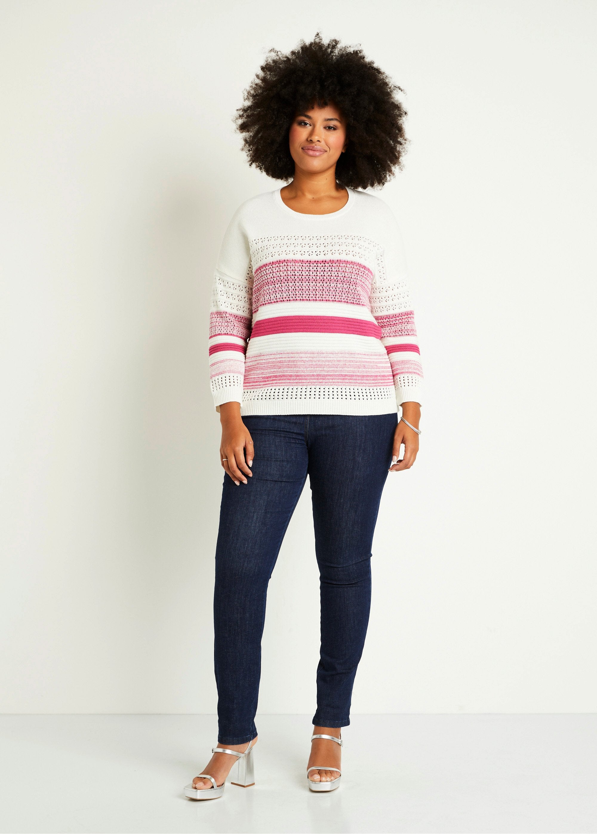 3/4_sleeve_openwork_cotton_blend_sweater_Fuchsia_SF1_curvy