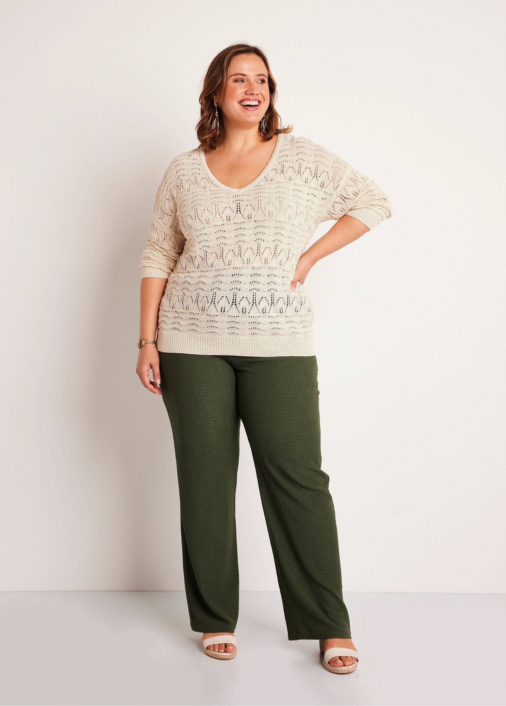 3/4_sleeve_openwork_pattern_V-neck_sweater_String_SF1_curvy