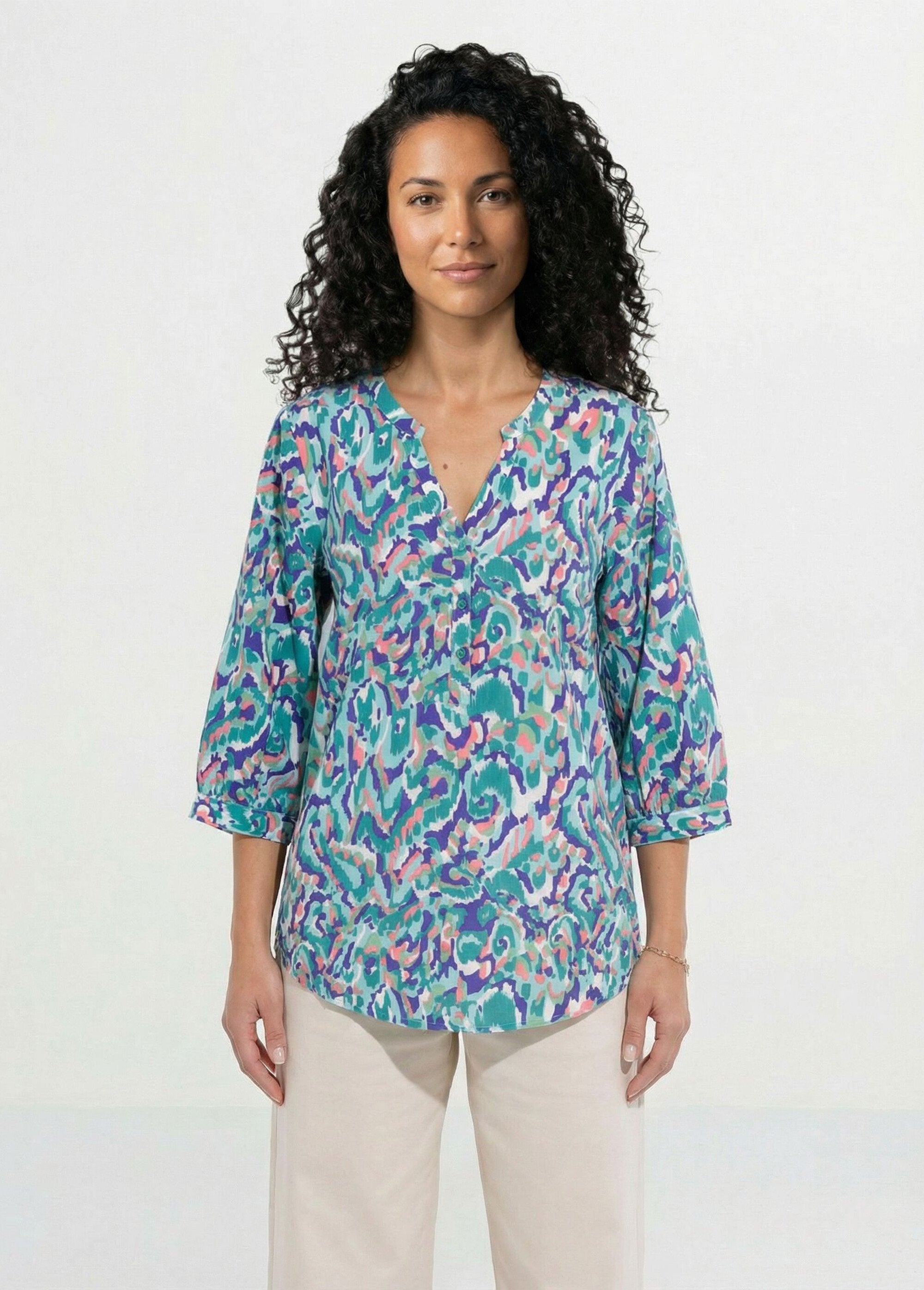 Loose_long_printed_tunic_with_3/4_sleeves_Green_print_FA1_slim