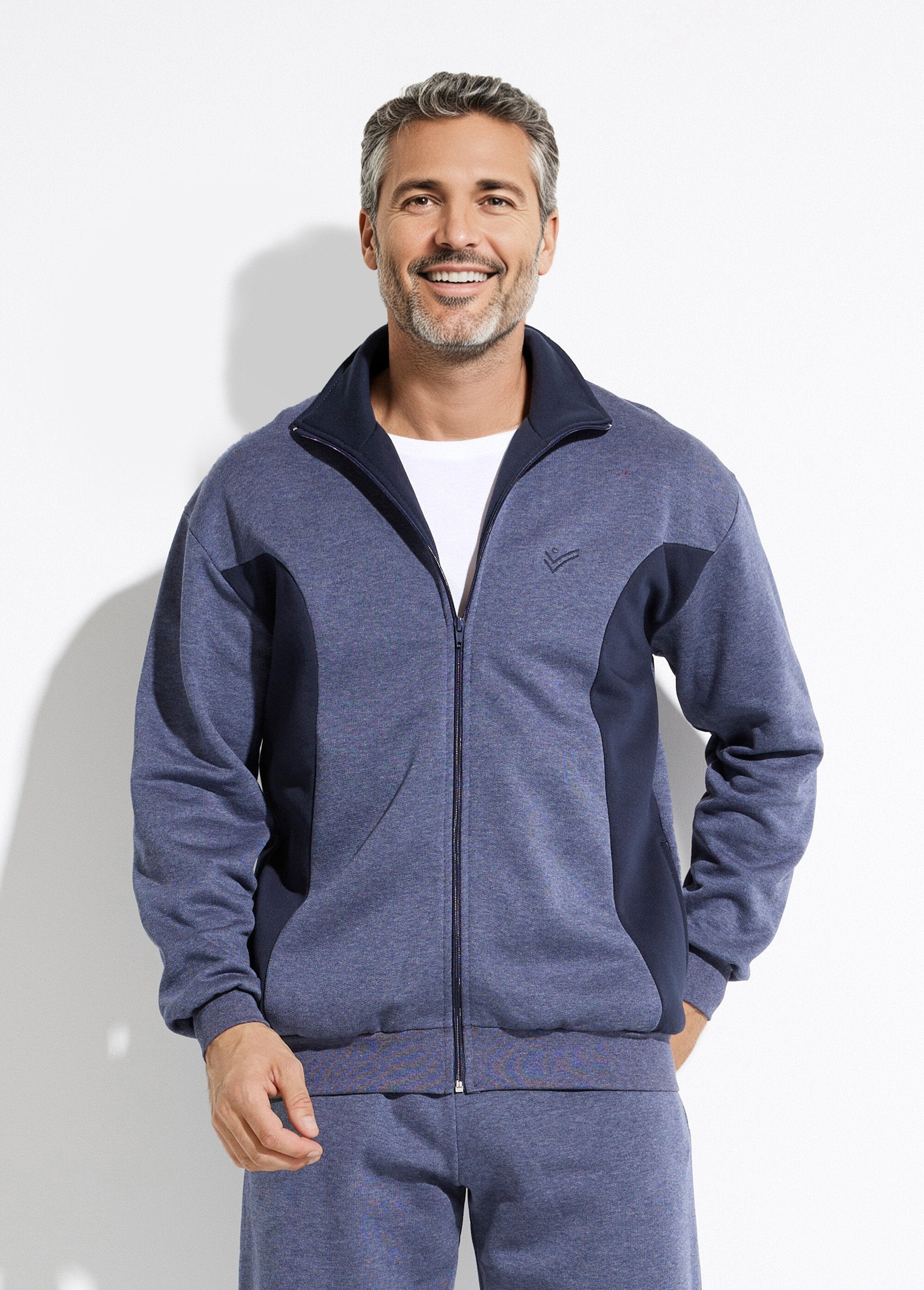 Two-tone_cotton_fleece_zip-up_lounge_jacket_Grey_and_navy_blue_FA1_slim