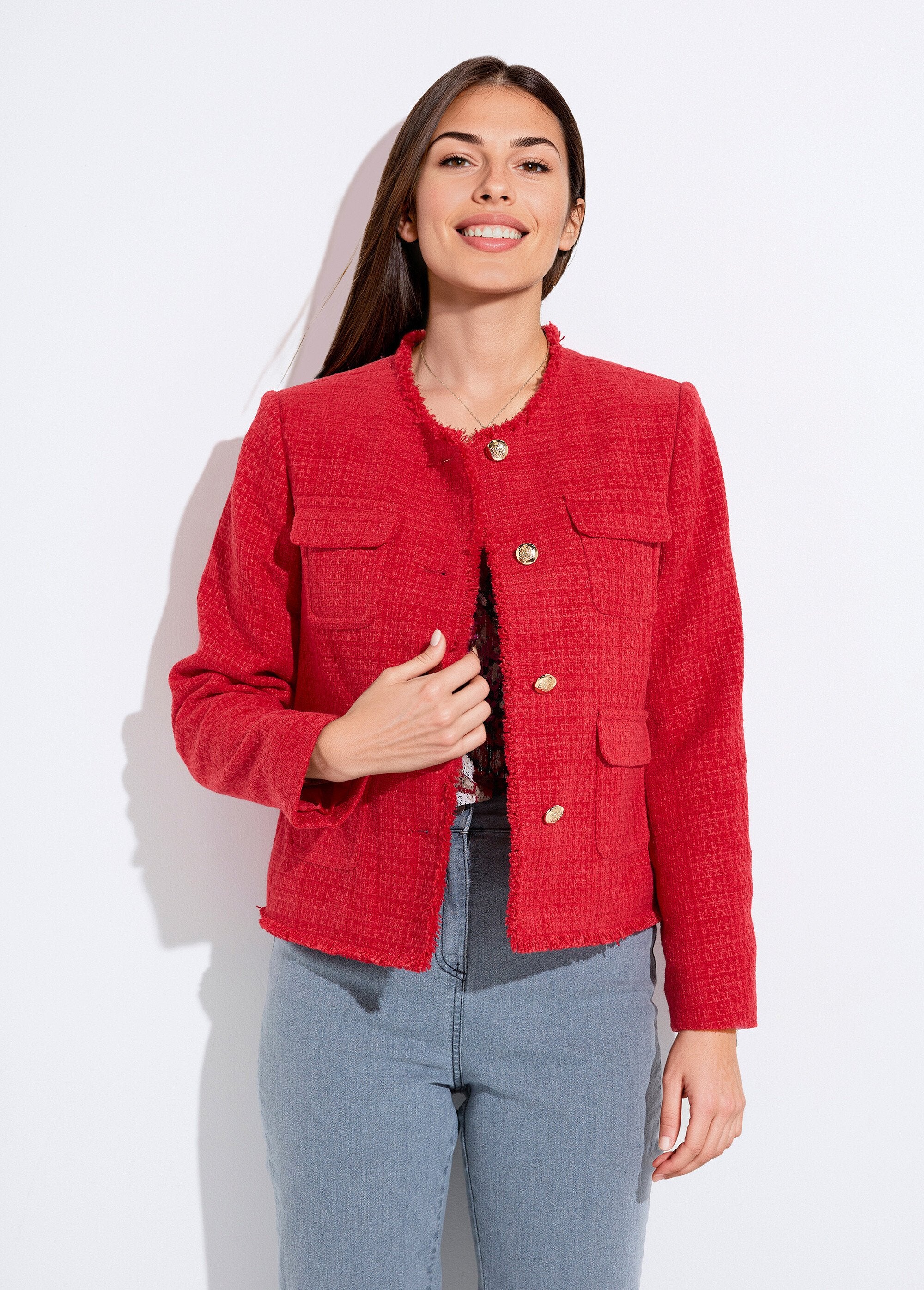 Veste_tweed_boutonnée_frangée_sans_col_Rouge_FA1_slim