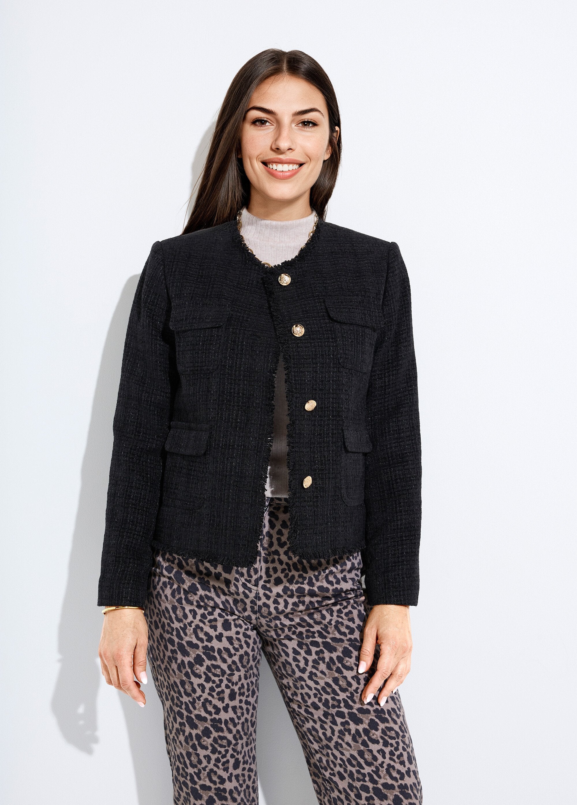 Veste_tweed_boutonnée_frangée_sans_col_Noir_FA1_slim
